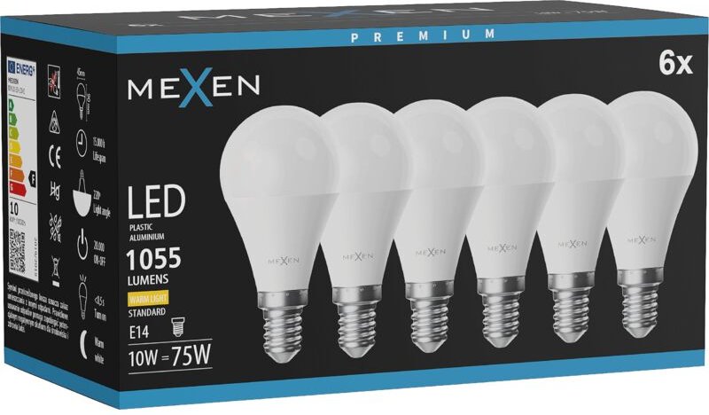 Mexen Nova 6x LED-Glühlampe E14, G45, 10W, Warm - 3000K, 1055 lm - L101-E14-1030-01x06