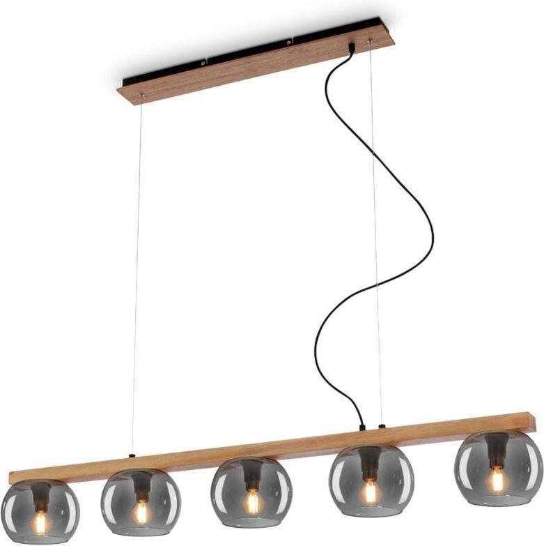 Pendant lamp, with wood, smoked glass, 5xE14/max.1