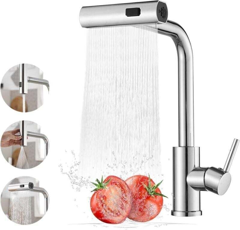 Wasserfall-Küchenarmatur, 360° drehbare Küchenmischbatterie mit Ausziehbrause, Hochdruck, Einhebelmischer und 3 Strahlar...