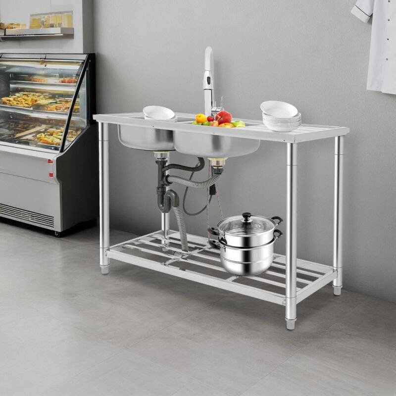 Spültisch Gastrospüle Abwaschbecken Spüle Abtropffläche Rechts Gratis Wasserhahn Freistehende Küchenspüle, 2-Kammer-Spül...