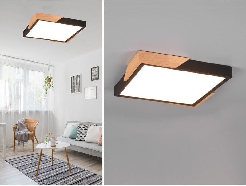 Trio Lighting - led Deckenleuchte meta eckig Schwarz mit Holz, 3 Stufen Dimmer, Quadrat 31cm