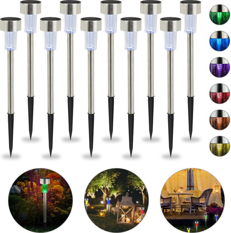 Relaxdays - Solarleuchte im 10er Set, wasserdichte led Solarlampen, für Garten & Terrasse, Farbwechsel, Edelstahl, silbe...