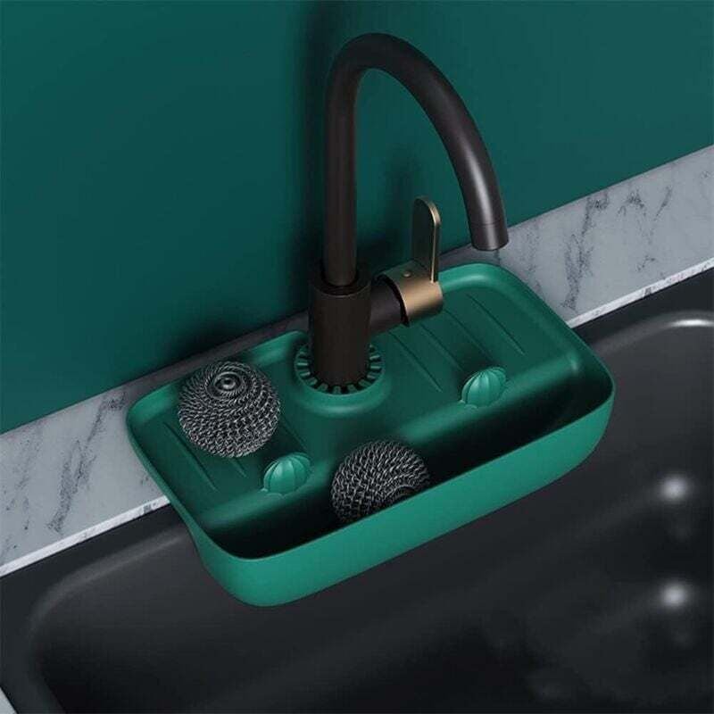 Tapis de Séchage en Silicone avec Poignée Robinet Porte Éponge pour Évier Cuisine Salle de Bain Vert