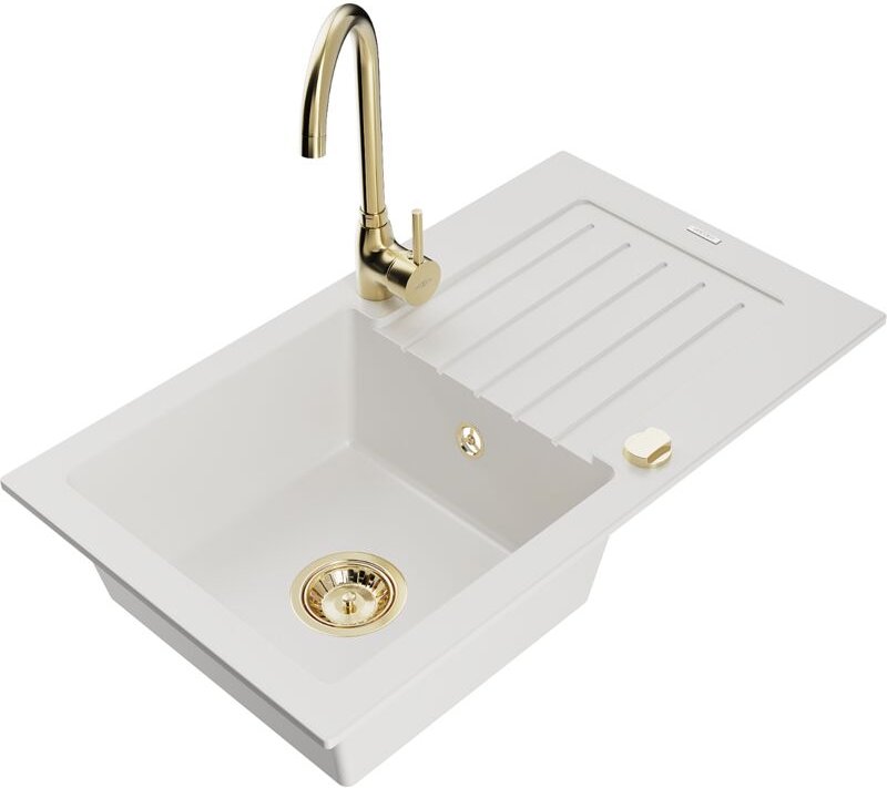 Pablo 1 Becken-Granitspüle mit Abtropffläche und Mischbatterie Telma, Weiß - 6510-20-670200-50 - Mexen