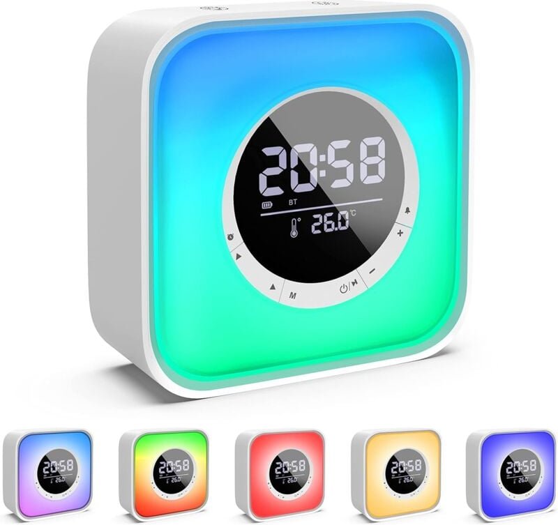 Wake-Up-Light mit Bluetooth-Lautsprecher mit LED-Nachttischlampe mit 10 Farbwechseln, digitalem Kalenderwecker, FM-Radio...