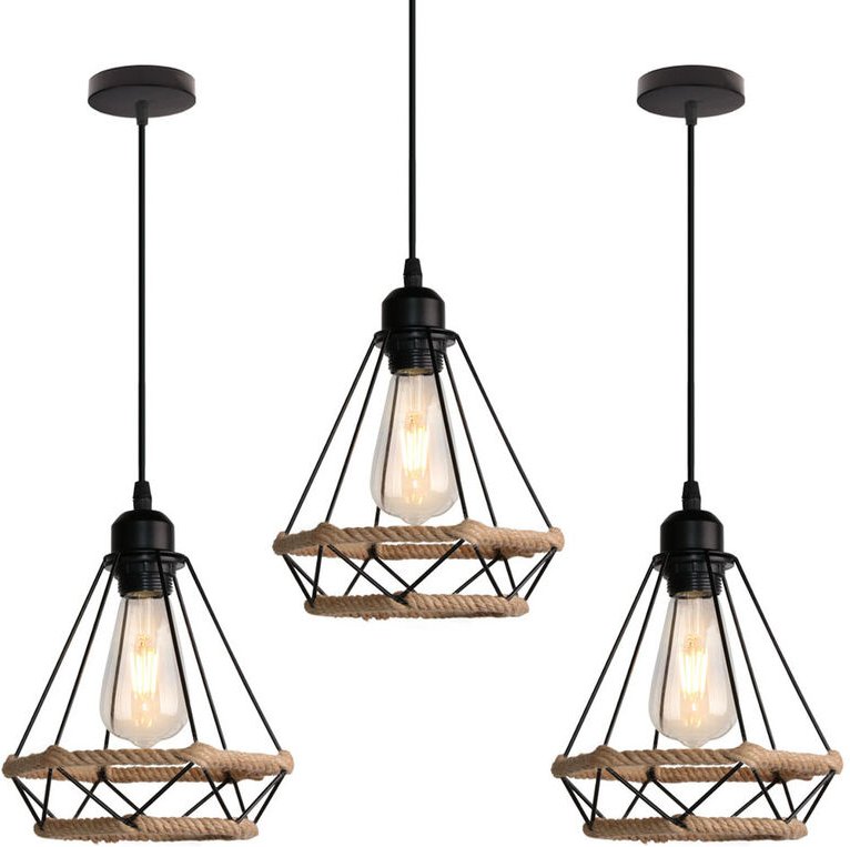 Axhup - 3er Pendelleuchte Hanf Seil Hängelampe mit Käfig Ø20cm Diamant Form Lampen im Industri Stil für für Wohnzimmer E...