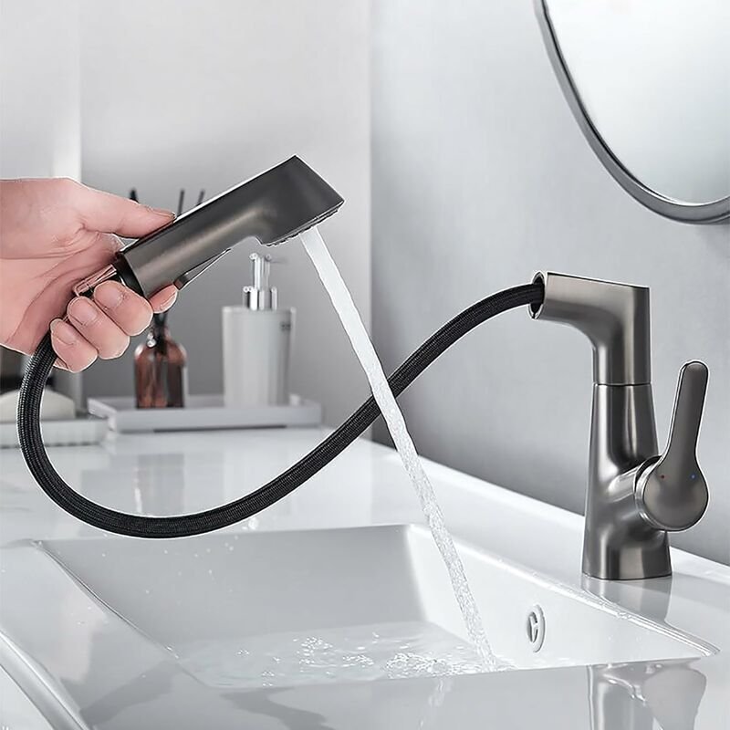 Ikodm Küchenarmatur mit Ausziehbrause, 360° drehbar, Warm- und Kaltwasseranschluss, Schwarz/Grau