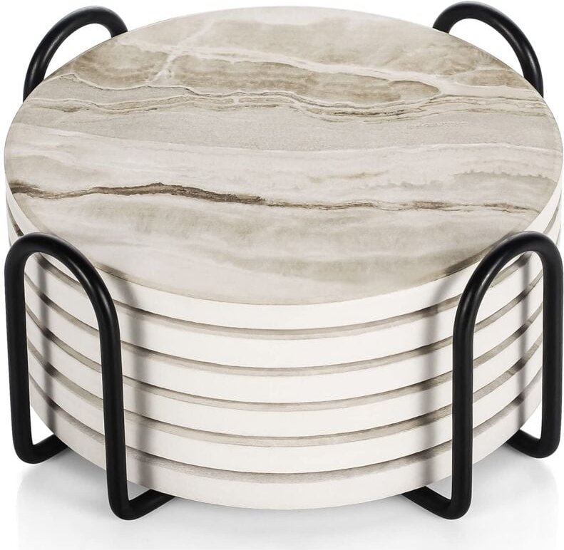 6er-Set Untersetzer mit Halter, saugfähige und rutschfeste Keramikuntersetzer für Zuhause, Cafés und Bars – Untersetzer ...