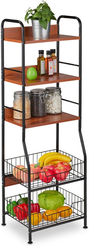 Küchenregal, 5 Ebenen, Obst- & Gemüsekörbe, für Küchenzubehör, schmales Vorratsregal, Metall & mdf, schwarz - Relaxdays