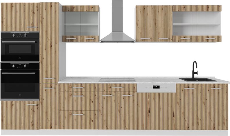 Küchenzeile R-Line, Artisan Eiche/Weiß, 350 cm mit Hochschrank, ohne Arbeitsplatte, Vicco