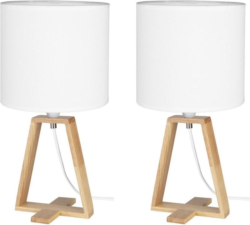 Thumbnail - Nuts - (2 uds) Lámpara de Mesa de Estilo Nórdico. Para Mesita de Noche de Madera Natural y Textil de Color Blanco. E27