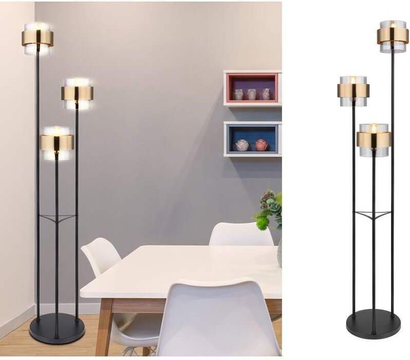 Led Stehleuchte 3-flammig mit Rauchglas und Messingringen, Ø43cm