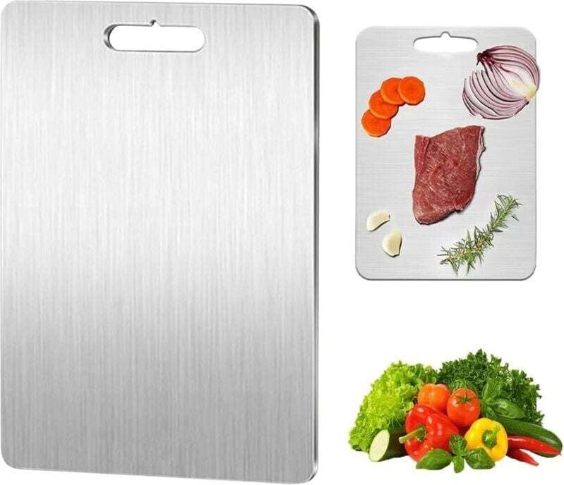 Schneidebrett aus Titan, 34 × 23 cm – Beidseitig aus Edelstahl, BPA-frei – Für Fleisch, Brot, Gemüse und Obst – Antihaft...