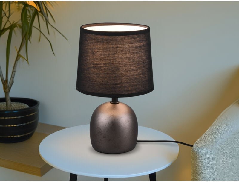 Defibrico - Tischleuchte malu mit Keramikfuß Silber & Stoffschirm Schwarz, Höhe 26cm