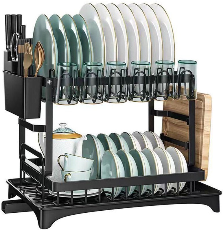 Schwarzer, zweistöckiger Geschirrtrockner aus Edelstahl mit Besteckhalter und Abtropfschale, Geschirrtrockengestell mit ...