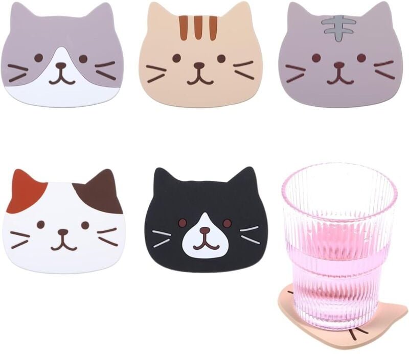 Set mit 5 Silikonuntersetzern mit Katzenmotiv, rutschfest und hitzebeständig, für Tische, Schreibtische, Möbel und Küche...