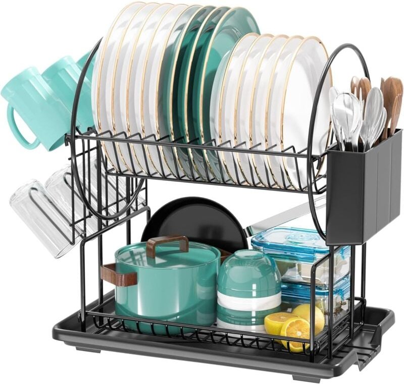 Schwarzer, zweistöckiger Geschirrständer aus Edelstahl mit Besteckhalter und Abtropfschale