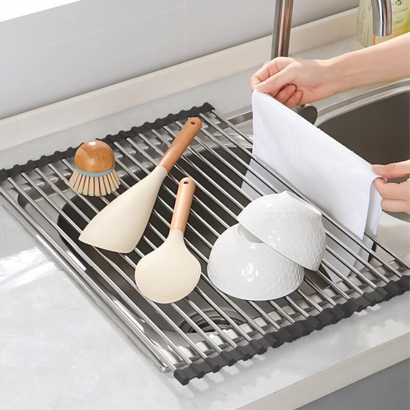 Klappbarer Abtropfkorb aus Edelstahl, 43×35 cm, für die Spüle, mit Stauraum für Geschirrtücher/Obst/Gemüse, schwarz.