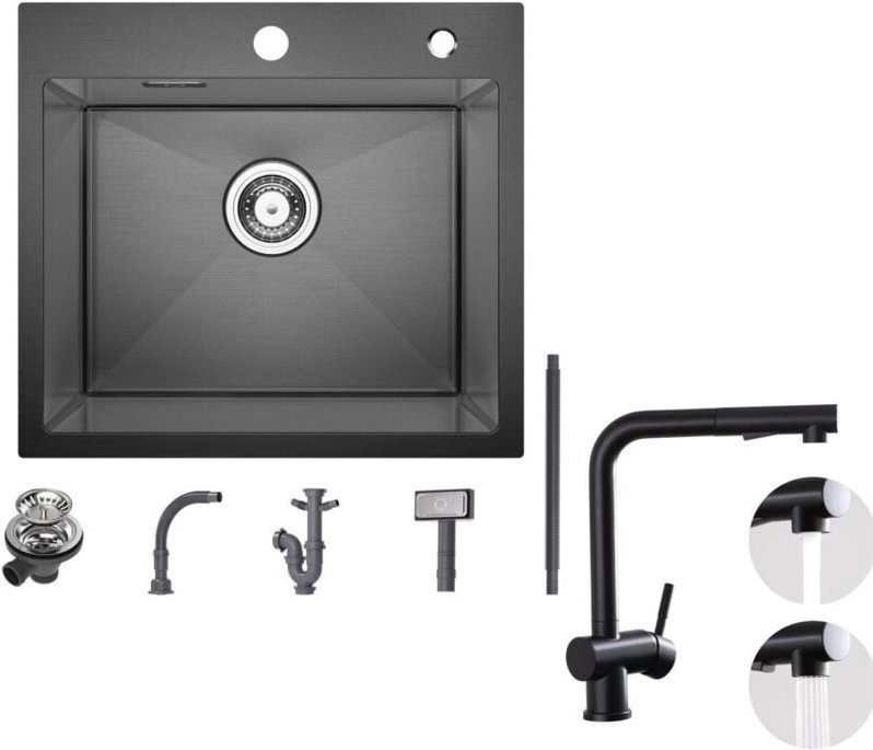 Cecipa Max - Spülbecken mit 1 Becken 50×45CM Edelstahlspüle Anthrazitschwarz + Küchenarmatur mit 2 Strahlarten Schwarz a...