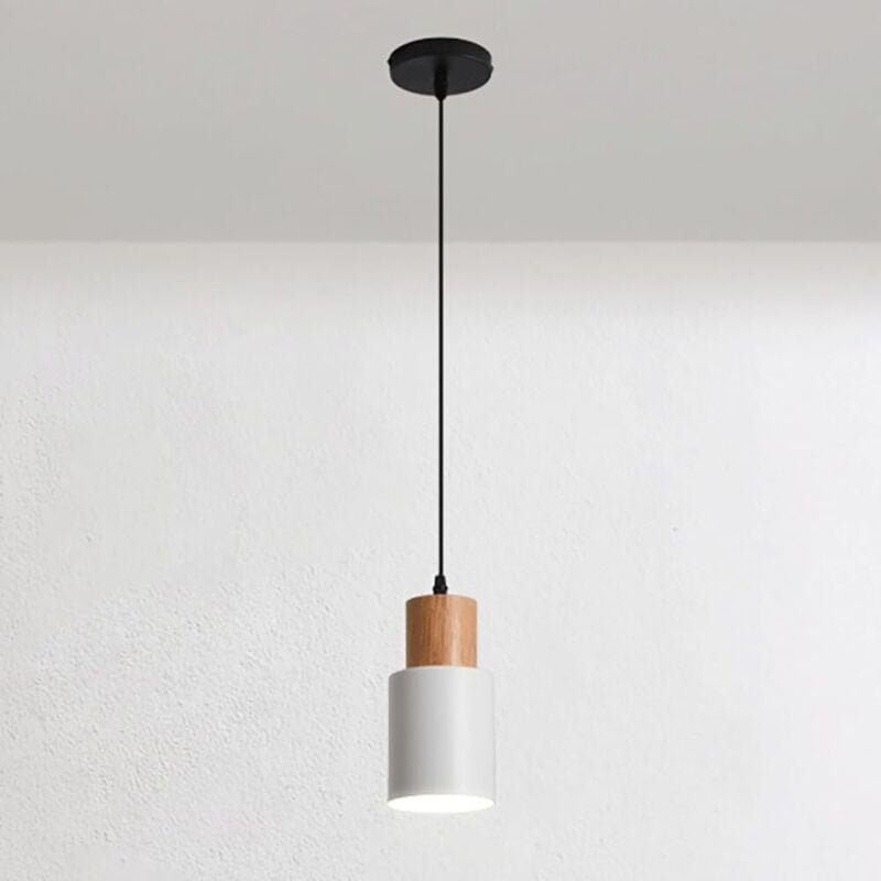 Kcvv - Mini-Nachttisch-Pendelleuchte, Pendelleuchte aus Holz mit zylindrischem Schirm, Hängelampen mit langen Metallrohr...
