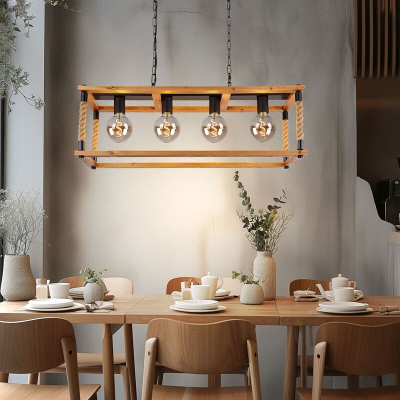 Pendelleuchte Vintage Retro Hängelampe Holz LED Deckenlampe Hanfseil 4 flammig, Metall schwarz braun, 7W 806lm warmweiß,...