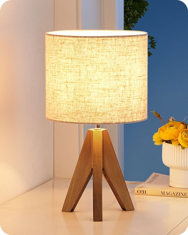 EDISHINE Tischlampe Holz, Nachttischlampe mit E27 Fassung, H36cm, Stativ Vintage Landhaus, Leine Lampenschirm Beige