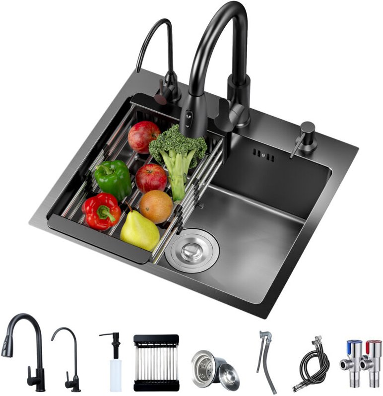 Küchenspüle, Einzelbecken, dickes Edelstahl, mit Warm- und Kaltwasserhahn sowie Trinkwasserhahn, 50×45×20cm, schwarz.