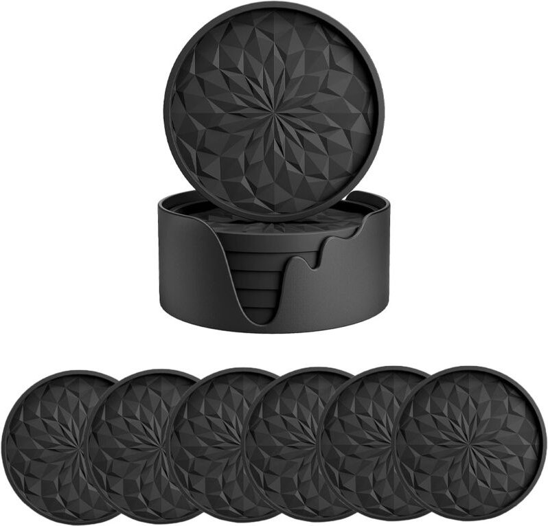 Silikon-Untersetzer mit Halter, 6er-Set, Untersetzer für heiße oder kalte Getränke, dick, rutschfest, antihaftbeschichte...