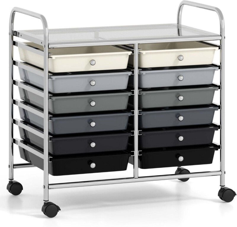Mobiler lagerwagen mit 12 stapelbaren schubladen schwarz
