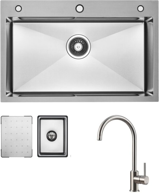 Küchenspüle aus Edelstahl 70x45cm Gebürstete Mit Abtropffläche + Hochdruck-Küchenarmatur Gebürstete Küche Wasserhahn Hoh...