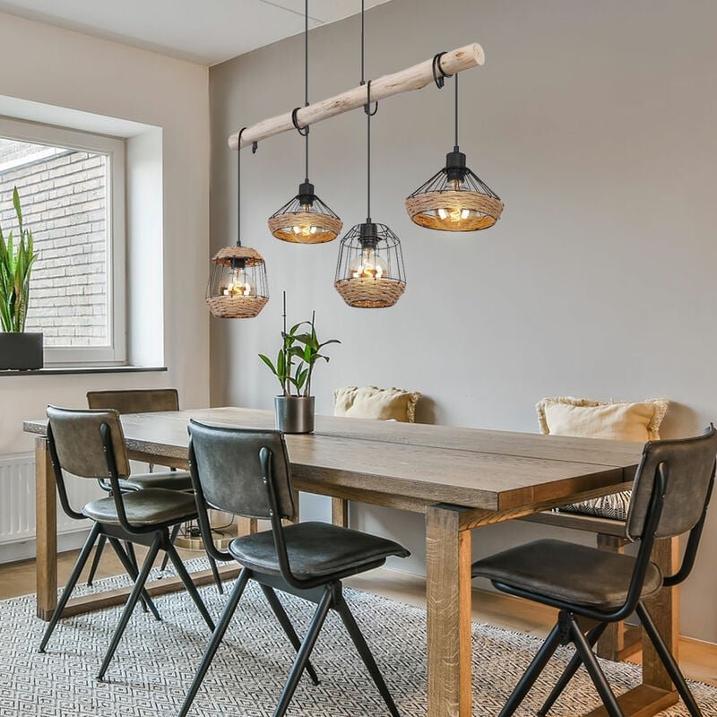 Hängeleuchte Holzbalken Hängelampe Hanfseil Retro Holz Käfig-Design Esszimmerlampe hängend 4 Flammig, Kabel schwarz, 4x ...