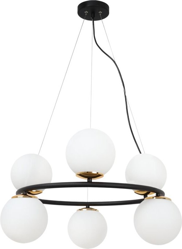 Aura Schwarz-Gold-Hängelampe 6 Flache Weisse Lampenschirme E14