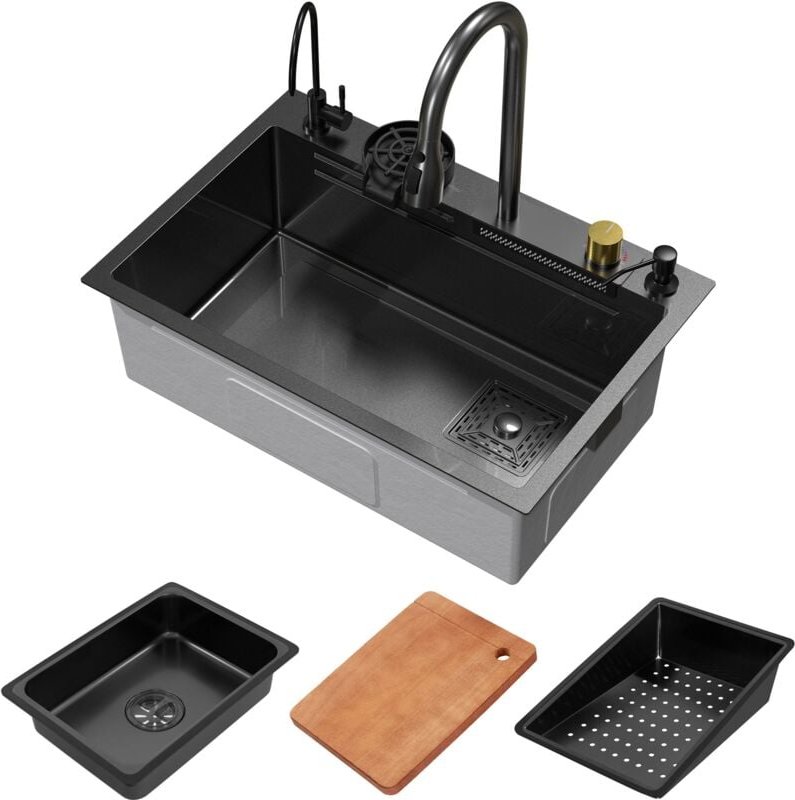ML-Design Spülbecken Edelstahl 68x46 cm Anthrazit, Multifunktionale Küchenspüle rechteckig, Wasserfall Edelstahlspüle, E...