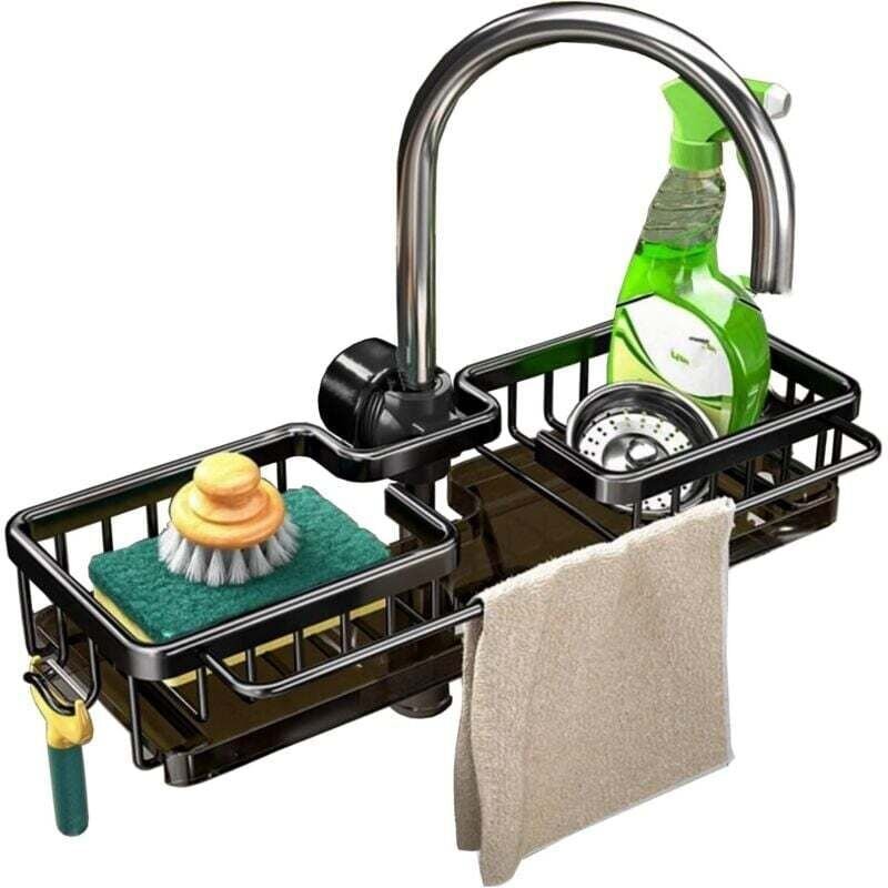 Organisateur d'évier en acier inoxydable avec porte-éponge et bac d'égouttage amovible, adapté aux cuisines et aux salle...