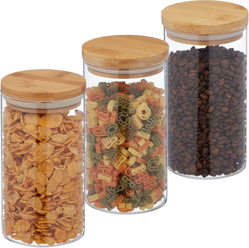 Relaxdays - Vorratsgläser mit Bambusdeckel, 3er Set, runde Vorratsdosen aus Glas, 1000 ml, luftdicht, transparent/natur