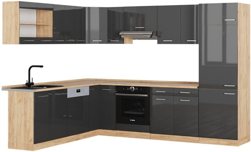 Vicco - Eckküche R-Line, Anthrazit Hochglanz/Goldkraft Eiche, 227 x 287 cm ohne Arbeitsplatte