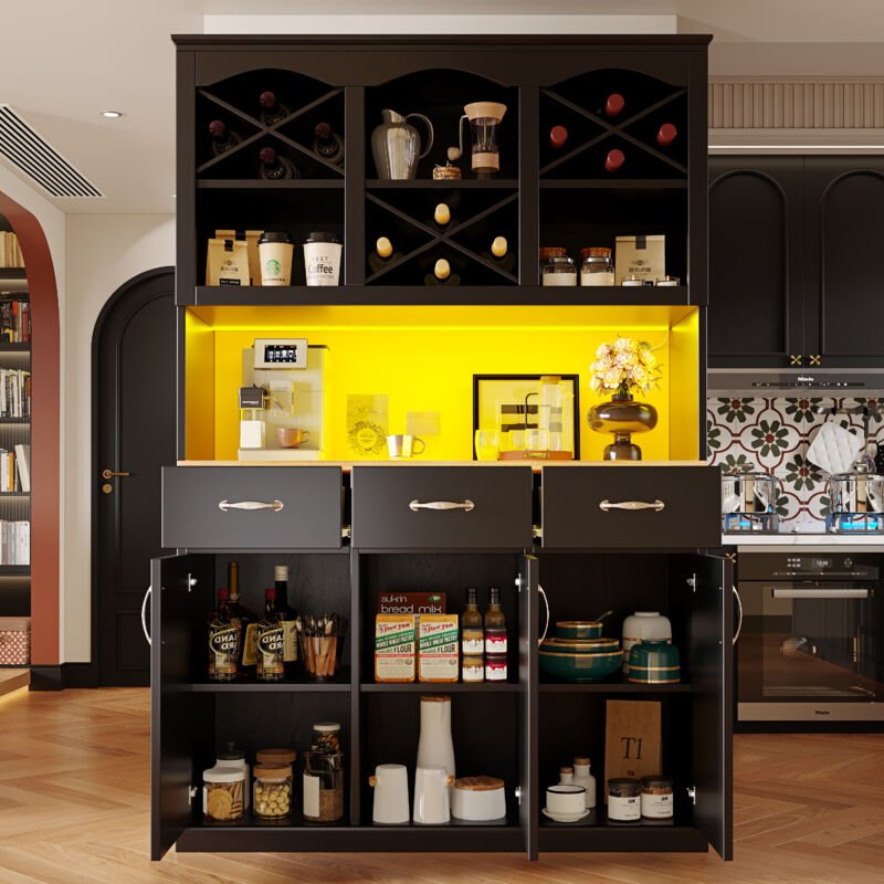 Sideboard Hoch 120x40x180 cm - Küchenschrank Multifunktion - LED-Beleuchtung - 3 Türen - 3 Schubladen - Zeitgenössisches...