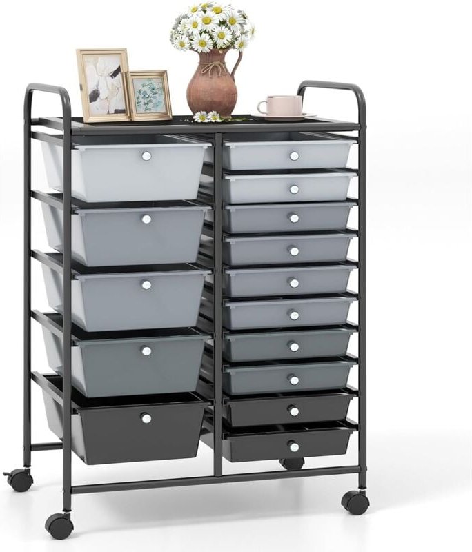 Chariot de Rangement 15 Tiroirs en pp Empilables Amovibles, Tour de Rangement à Roulette, Cadre en Métal, pour École, Bu...