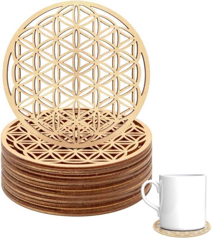 12er Set Blume des Lebens aus Holz zur Meditation (10 x 10 cm), Erste Untersetzer aus Birkenholz, Blume des Lebens Dekor...