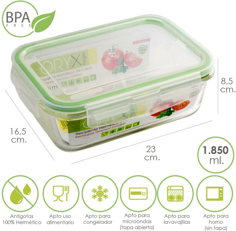 Recipiente Hermetico Cristal Rectangular 1850 ml. 23x16.5x8.5 (alt) cm.
