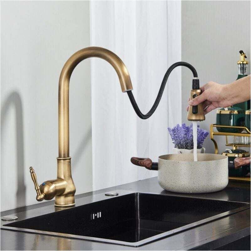 Retro-Küchenarmatur zum Herausziehen, Waschbecken aus Messing und Edelstahl 304, herausziehbare Küchenarmatur, 3 Funktio...