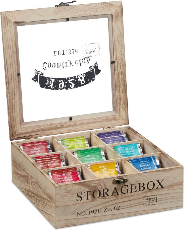 Teebox, 9 Fächer, Holz, Teekiste mit Sichtfenster, Teebeutel, Kaffeepads, Gewürze, hbt: 9 x 24 x 25 cm, natur - Relaxday...
