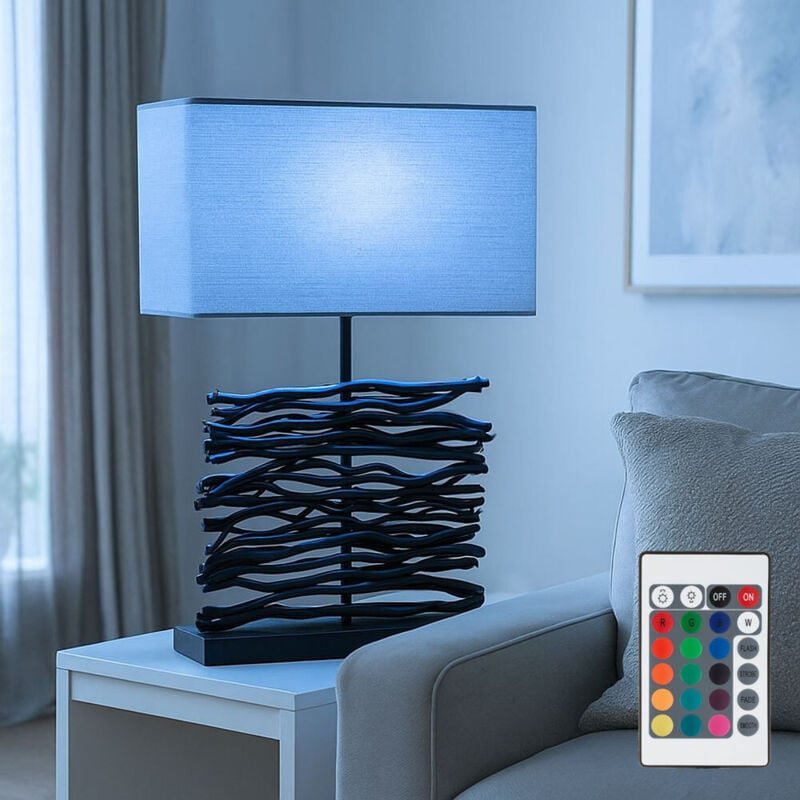 Tischleuchte Tischlampe Beistelllampe Holzlampe Wohnzimmerlampe, Holz schwarz Stoff grau, Fernbedienung dimmbar, rgb led...