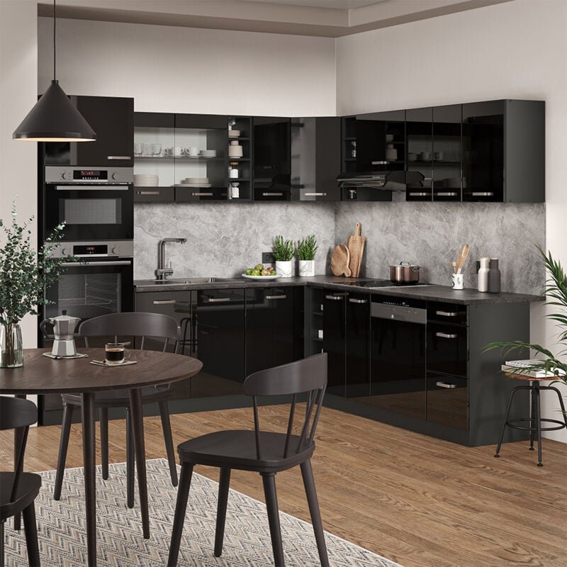 Vicco - Einbauküche R-Line, Schwarz Hochglanz/Anthrazit, 237 x 60 cm ohne Arbeitsplatte