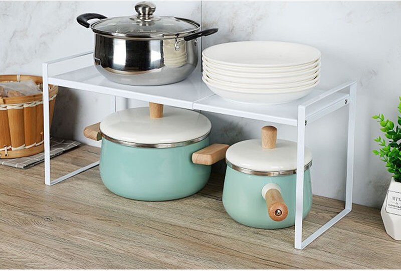 Set mit 1 Küchenorganisator, Schrankhalter, stapelbares und ausziehbares Regal aus Metall und Bambus, für Geschirr, Arbe...