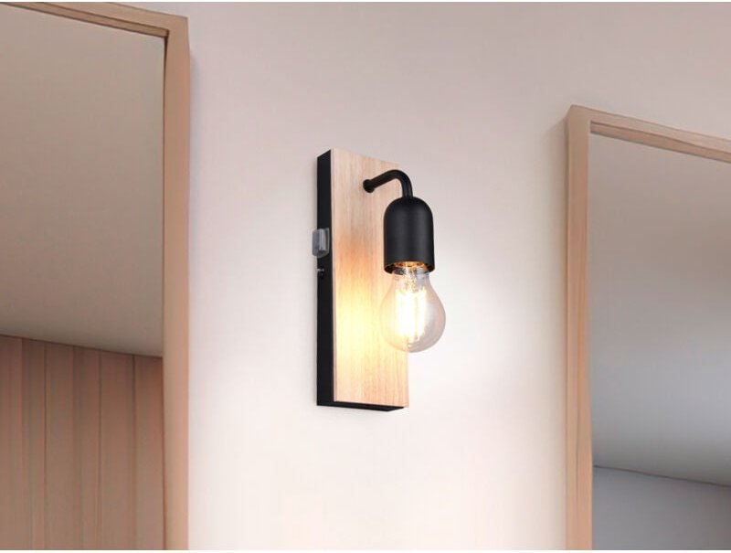 Meinewunschleuchte - led Bad Wandleuchte mit Holz und Schalter, 1-flammig Höhe 24cm