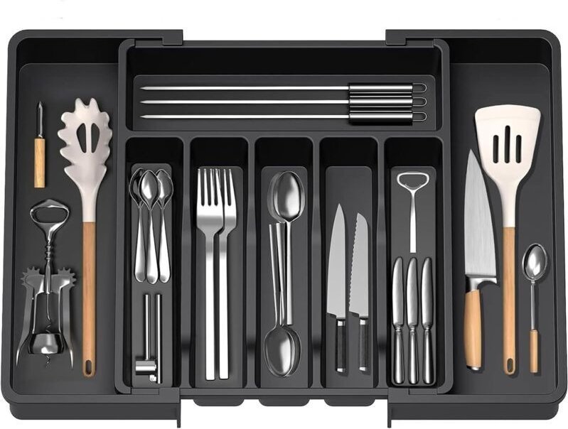 Besteckkasten, ausziehbarer Besteckkasten in Schubladenform, verstellbarer Schubladeneinsatz, kompakte Aufbewahrungsbox ...