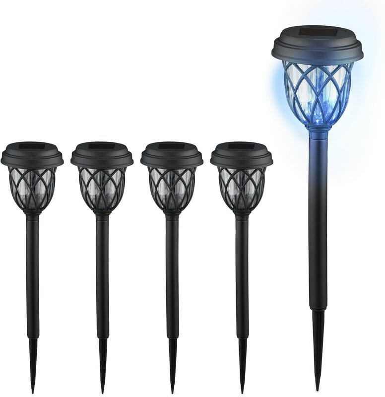 Relaxdays - Solarlampen 5er Set, Laternen-Optik, led Gartenleuchten, HxD: 42,5 x 10 cm, mit Erdspieß, schwarz/transparen...