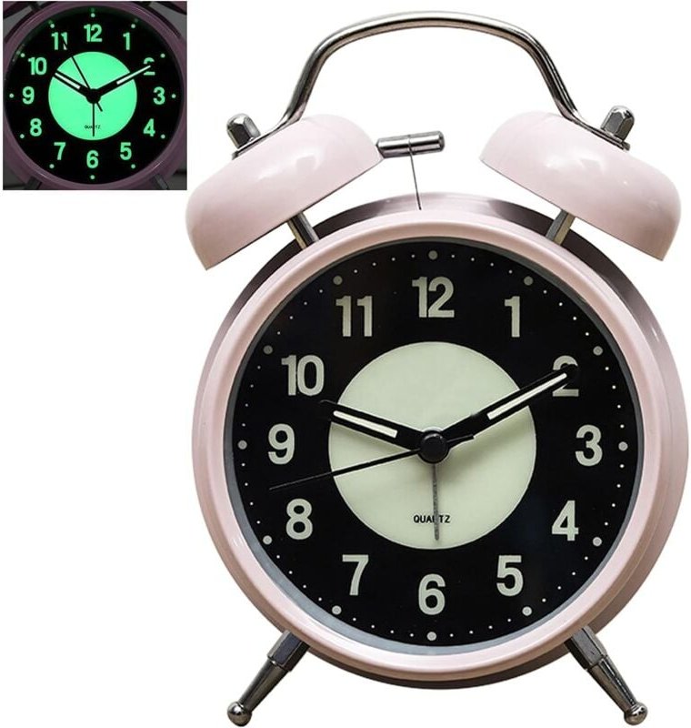 Leuchtender Wecker, nicht tickend, analoge Quarzuhr im Retro-Stil mit zwei Glocken, lautem Alarm und Nachtlicht als Gesc...
