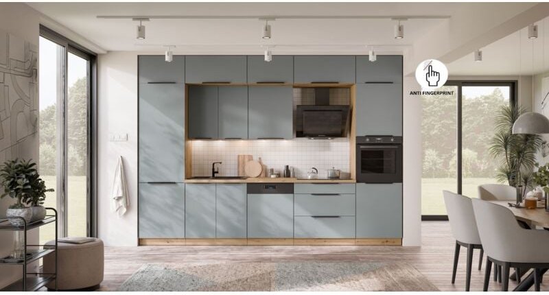 Küche ARIA K-AR - NAGU 340 cm Anti Fingerprint Küchenzeile Küchenblock Singleküche EinbaukücheAQUAMARINE - AFM